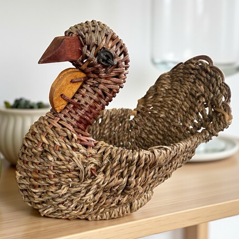 Vintage wicker turkey basket, perfect for Fall decor, has a weathered look